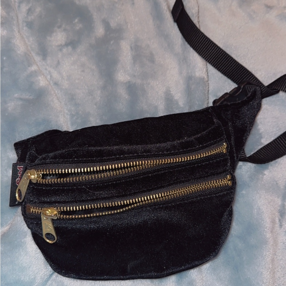 JanSport Black Velvet Fanny Pack with Gold Zippers